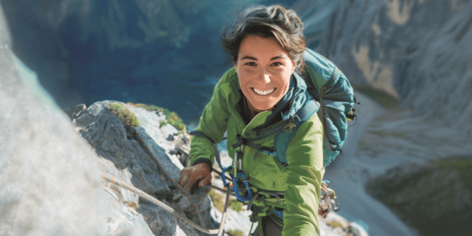 Femme escaladant une paroi rocheuse en souriant